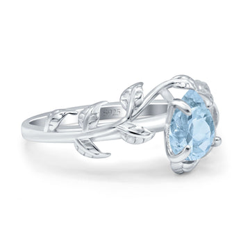 Art Deco Leaves Pear Vintage Style Bridal Wedding Engagement Ring Round Simulated Aquamarine CZ 925 Sterling Silver